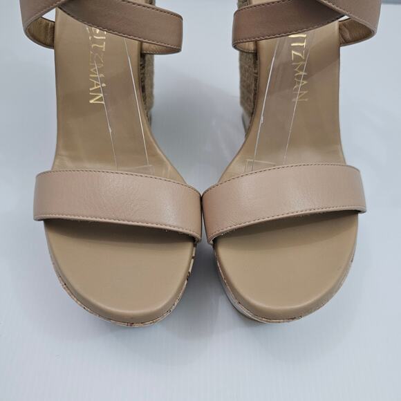 NEW Stuart Weitzman 5050 Wedge Womens 9 Tan Leather Raffia Cork Platform Heel - Picture 5 of 13